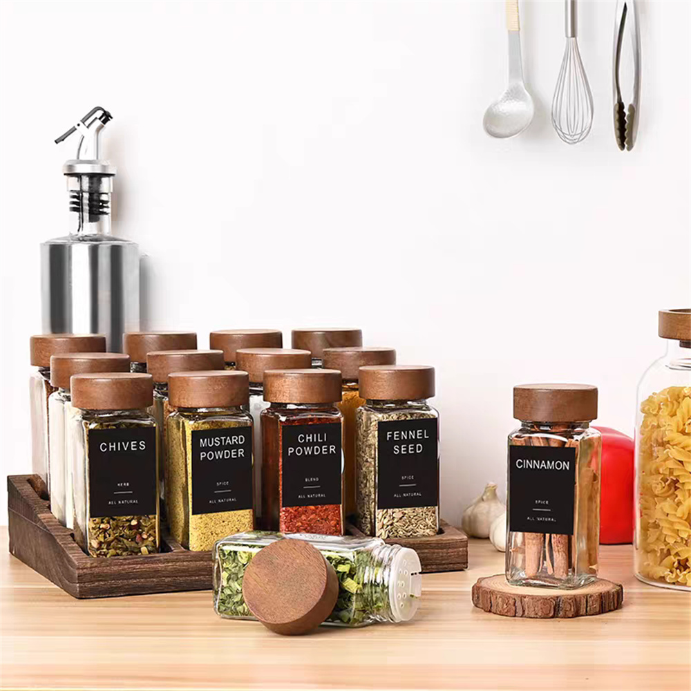 Square Glass Seasoning Bottle, Solid Wood Lid, Gla01